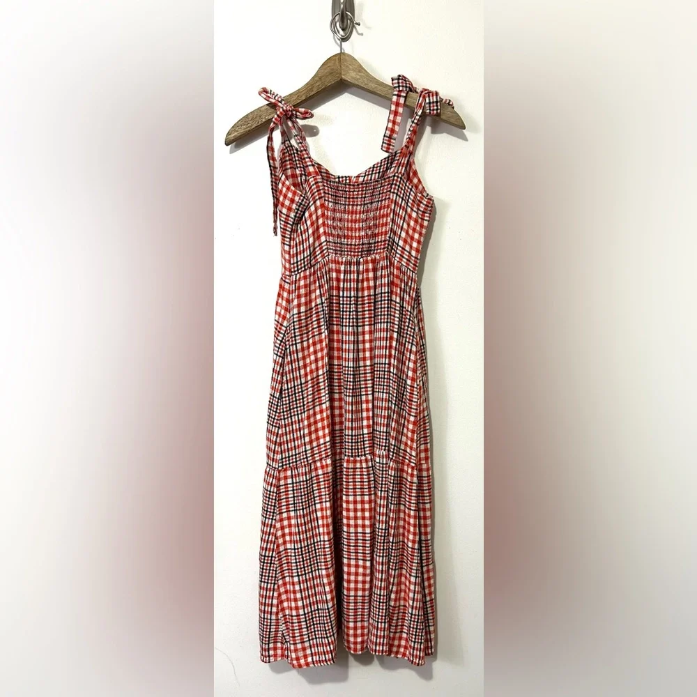 Urban Outfitters Red Plaid Gingham Midi Dress Small Linen Button Smocked Picnic - Picture 10 of 10